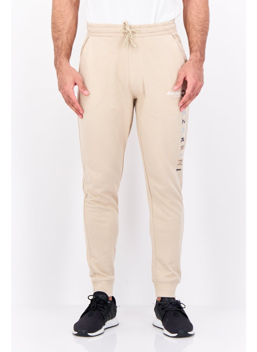 Men Regular Fit Brand Logo Joggers Pants, Beige