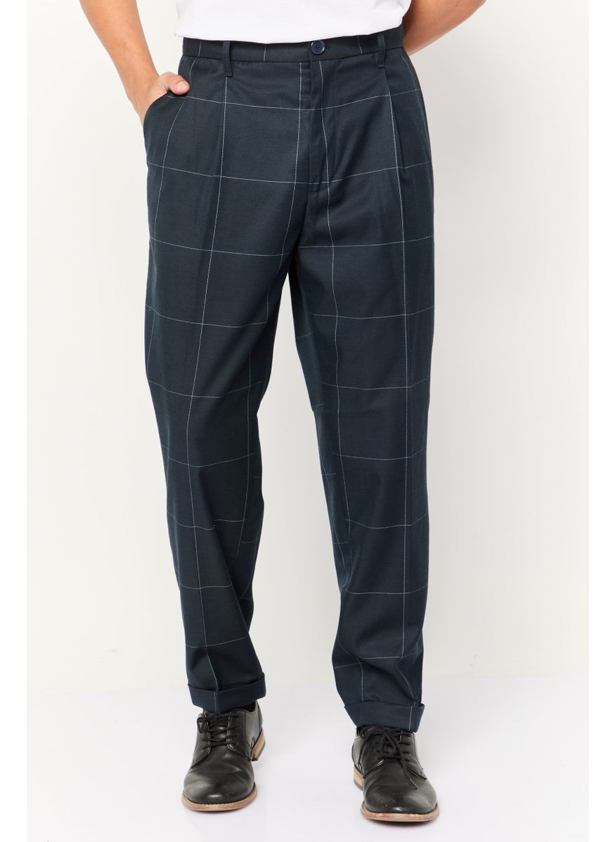 Men Regular Fit Windowpane Chino Pants, Navy