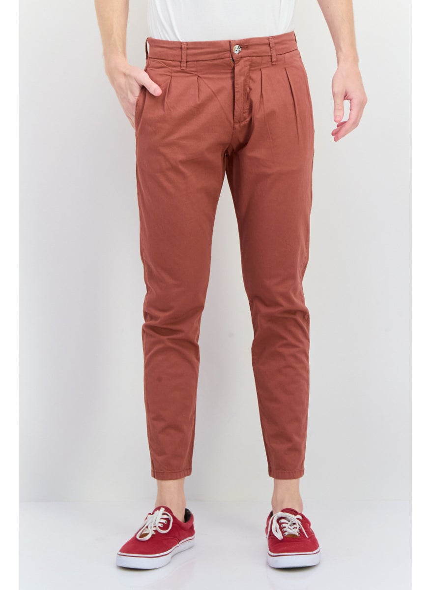 Men Regular Fit Plain Chino Pants, Brown