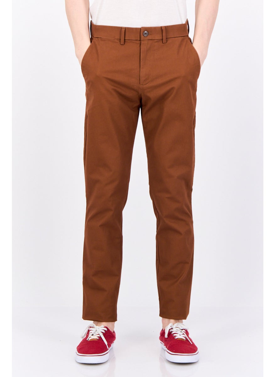 Men Slim Fit Solid Chino Pants, Brown