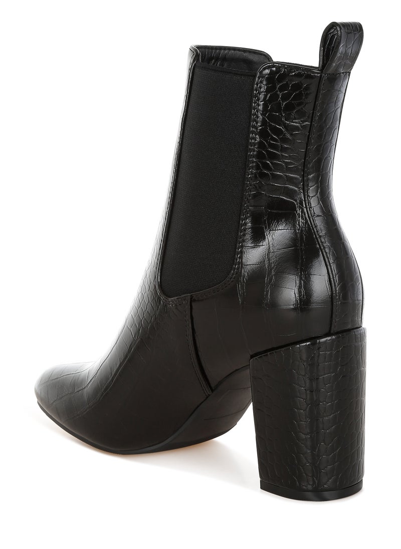 Faux Leather Block Heel Ankle Boots in Black