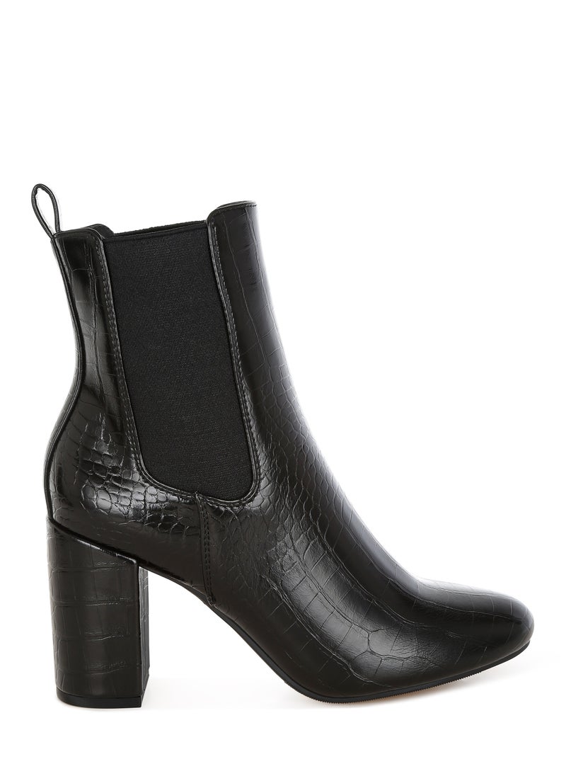 Faux Leather Block Heel Ankle Boots in Black