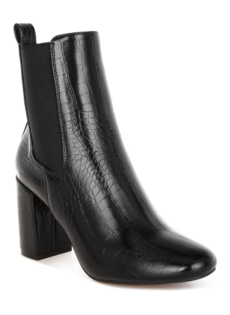 Faux Leather Block Heel Ankle Boots in Black