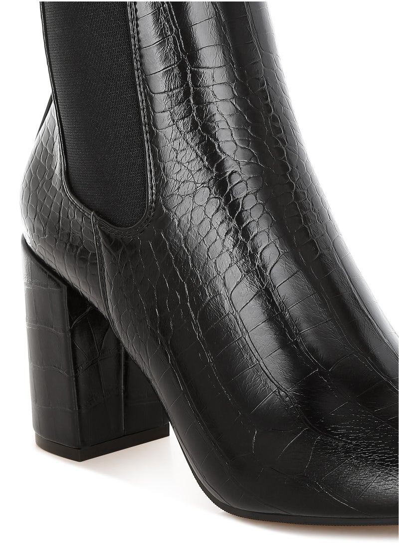 Faux Leather Block Heel Ankle Boots in Black