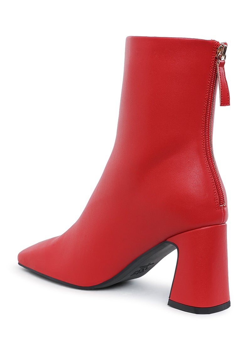 Faux Leather Square Toe Ankle Boots in Red