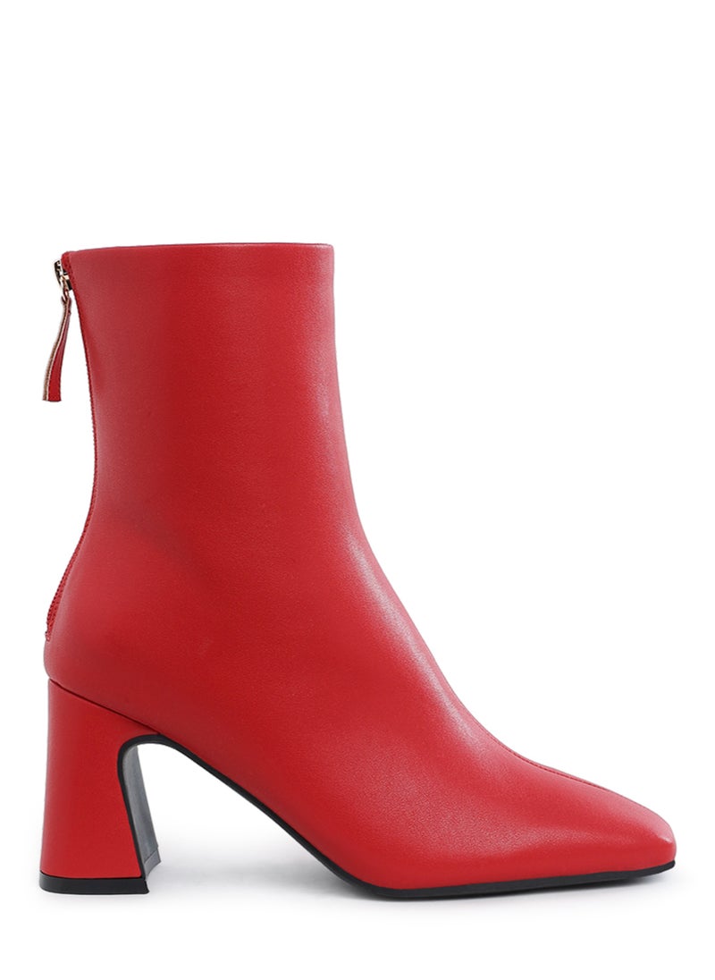 Faux Leather Square Toe Ankle Boots in Red