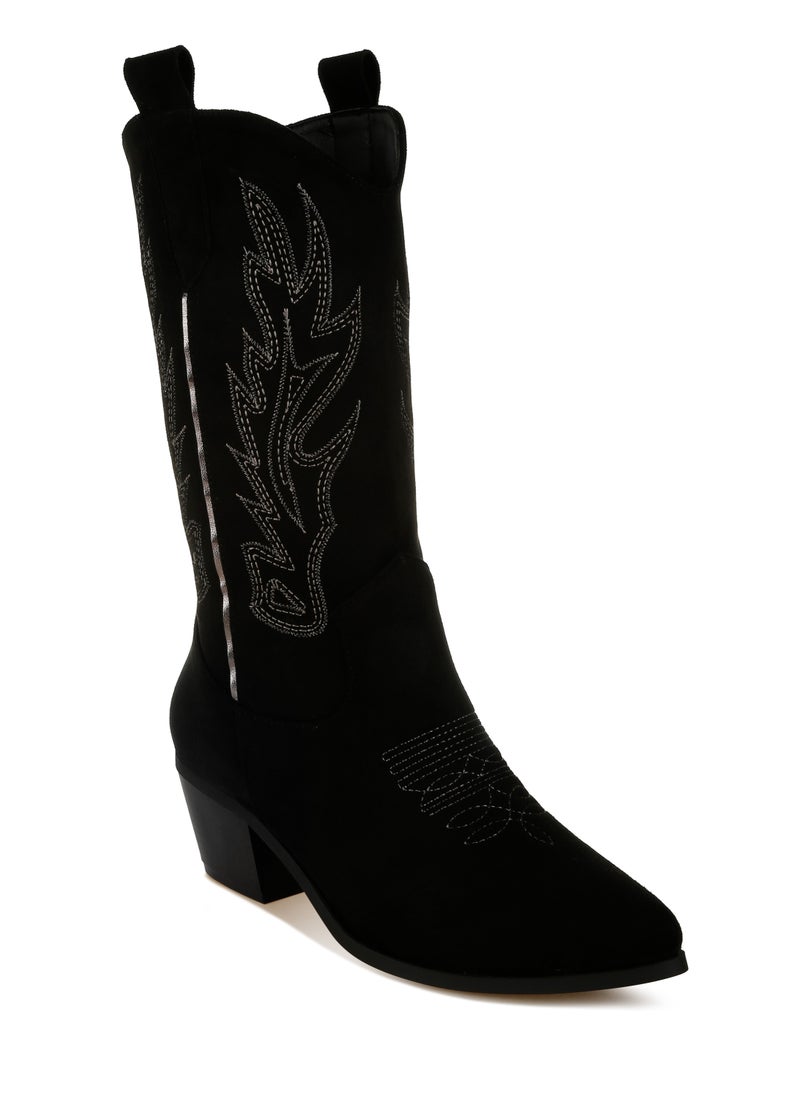 Embroidery Detail Cowboy Boots in black