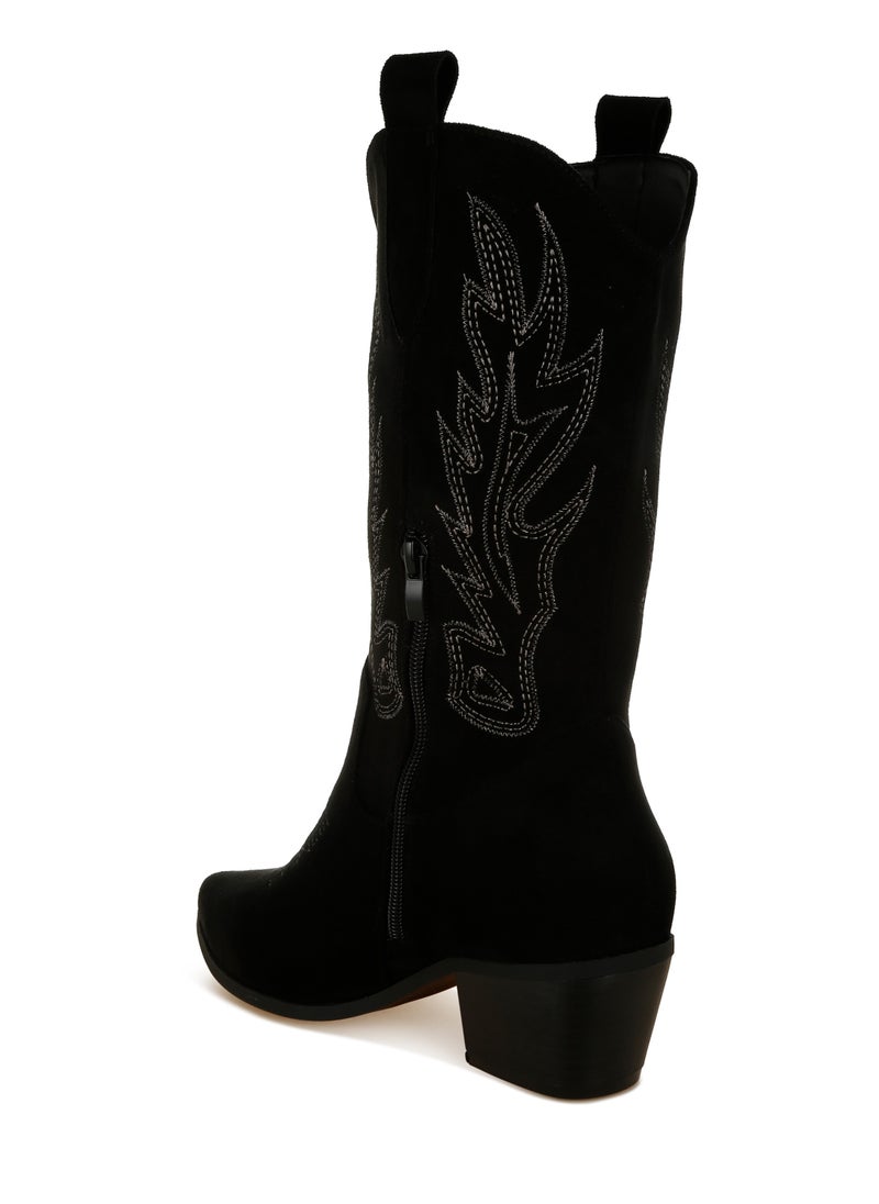 Embroidery Detail Cowboy Boots in black