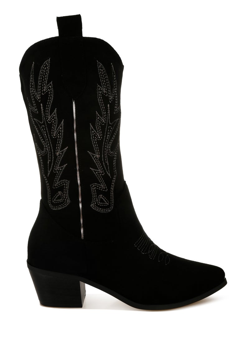 Embroidery Detail Cowboy Boots in black