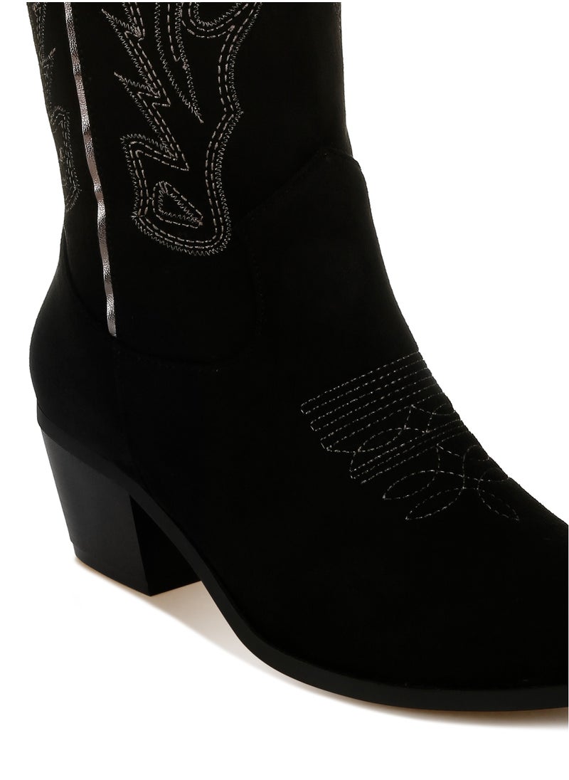 Embroidery Detail Cowboy Boots in black