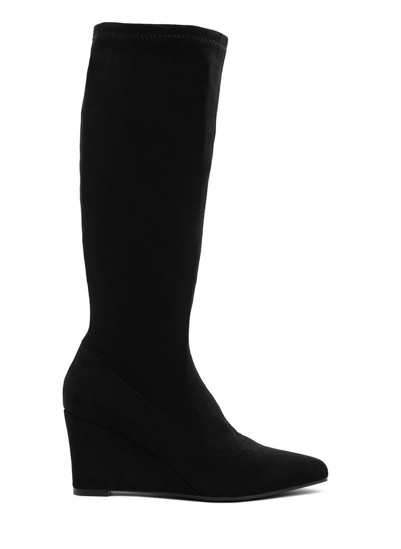 Microfiber Wedge Heel Boots in Black