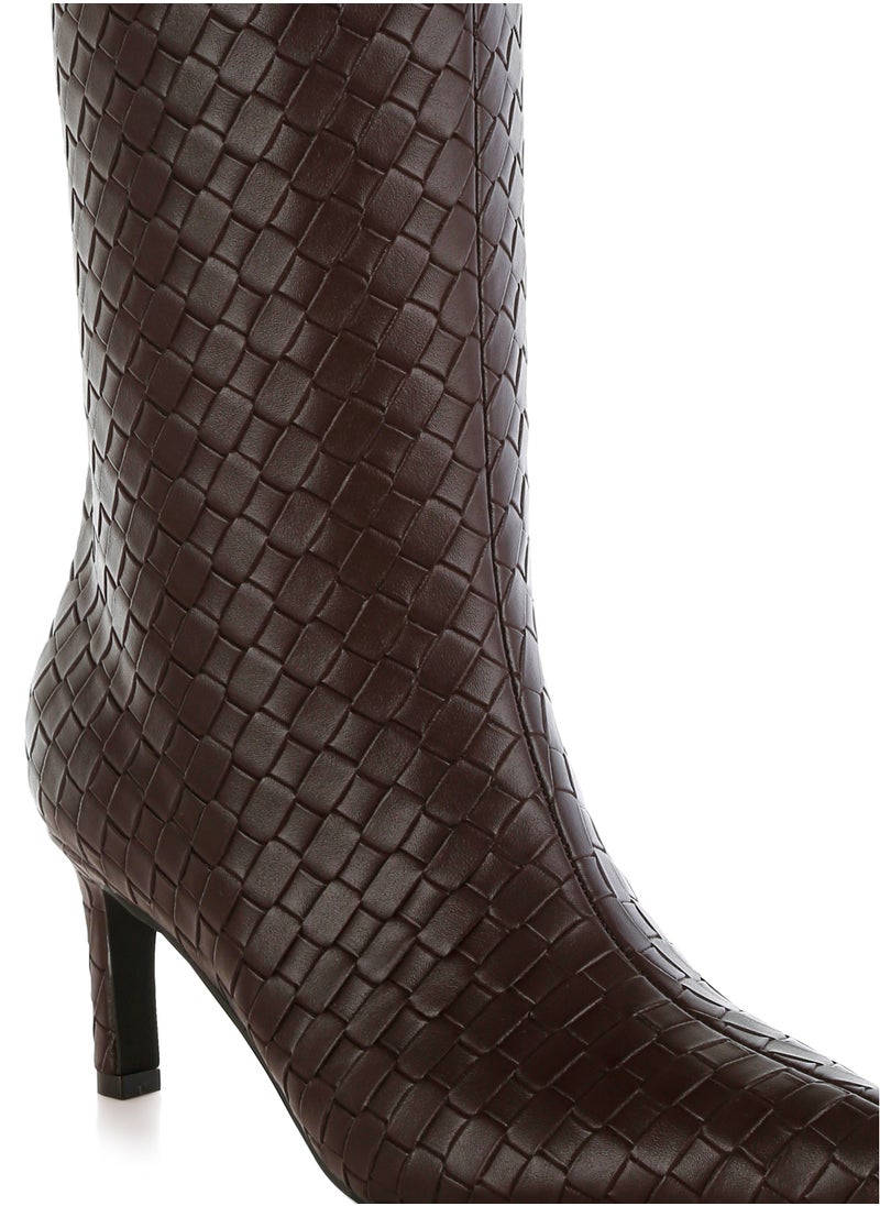 Woven Faux Leather Boots in Chocolate