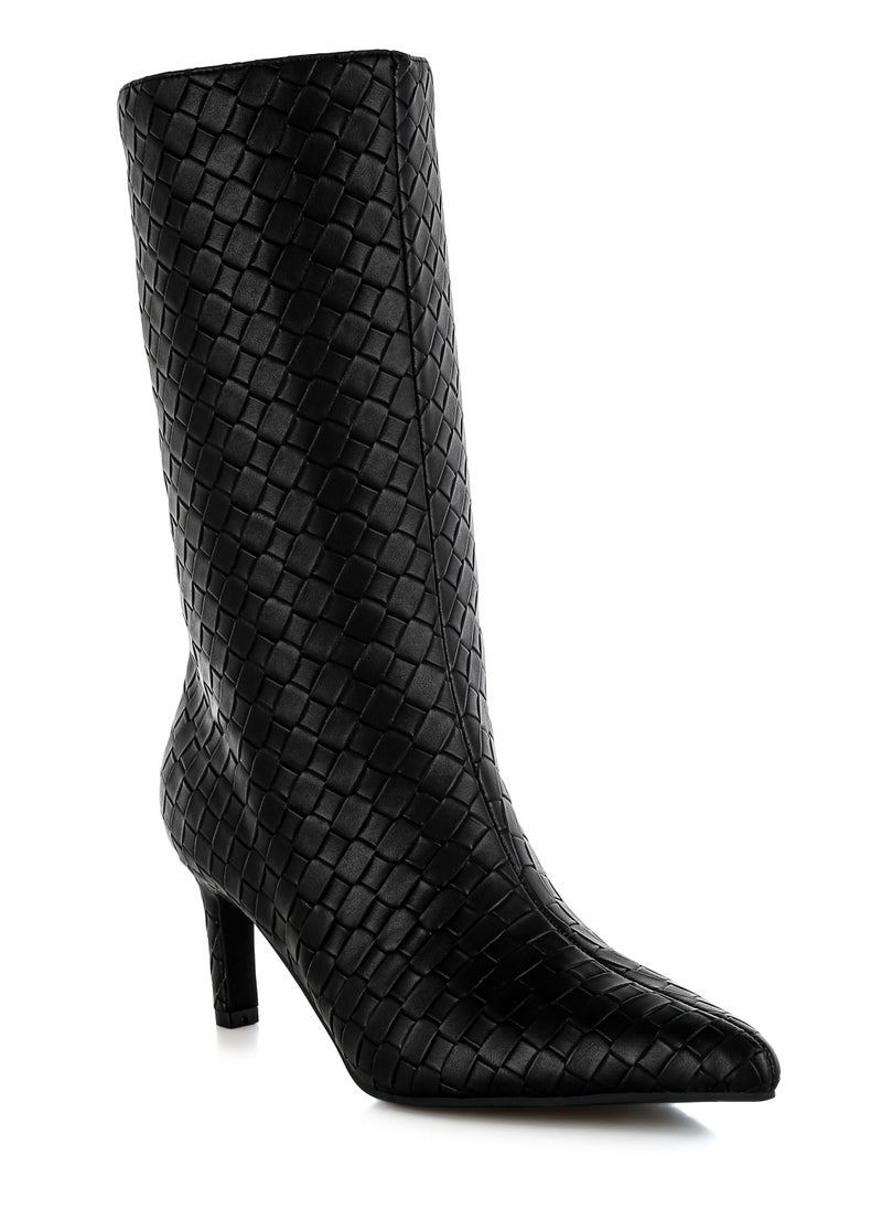 Woven Faux Leather Boots in Black