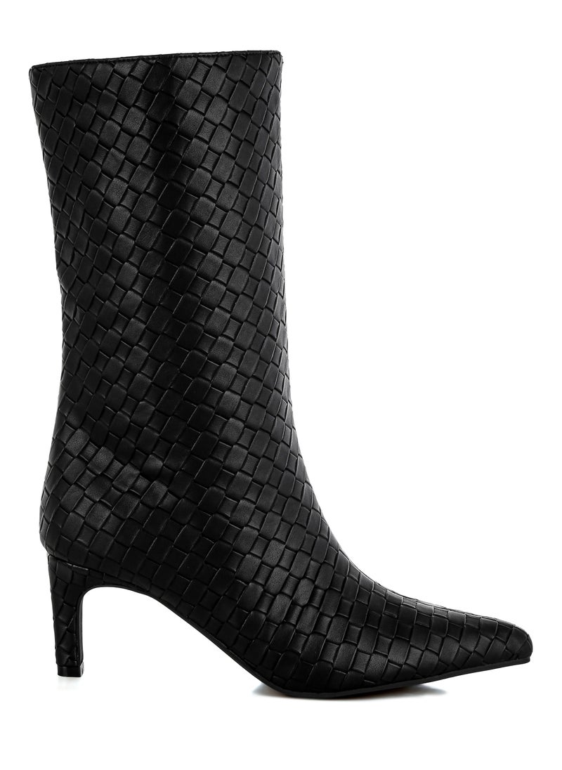 Woven Faux Leather Boots in Black