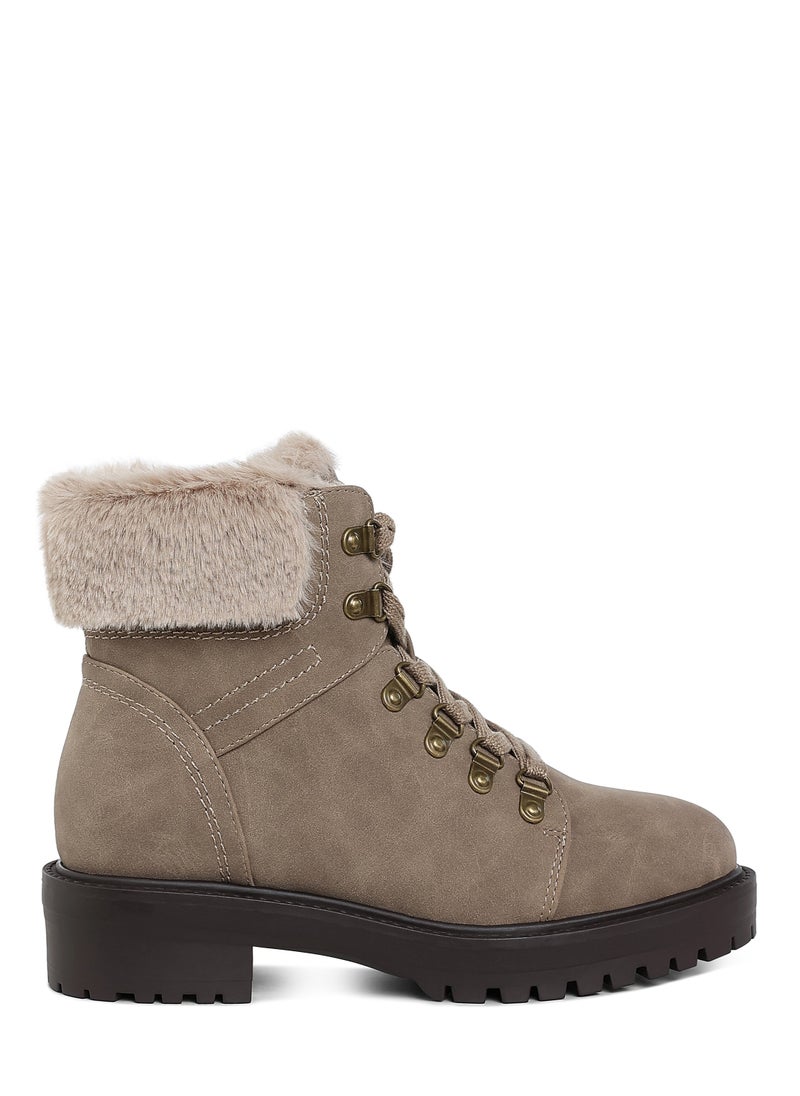 Faux Fur Collar Ankle Boots in Taupe