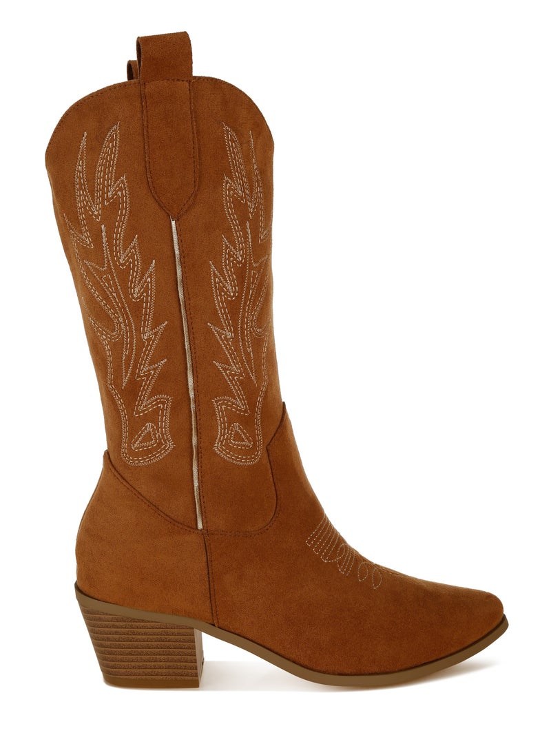 Embroidery Detail Cowboy Boots in Tan