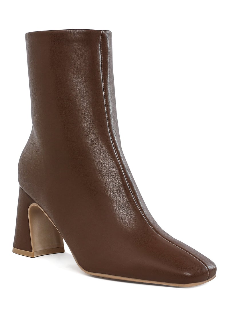 Faux Leather Square Toe Ankle Boots in Brown