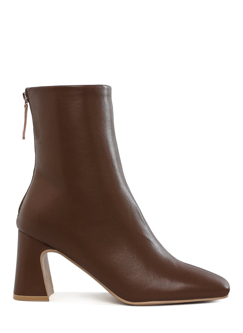 Faux Leather Square Toe Ankle Boots in Brown