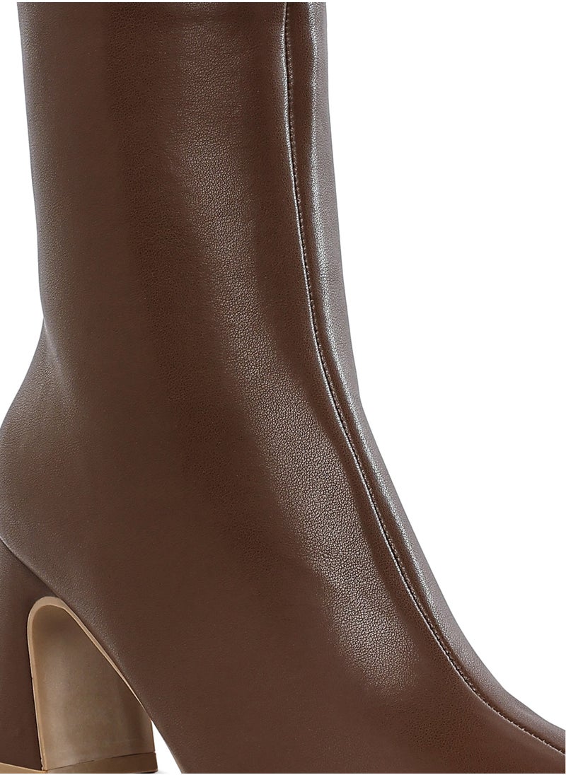 Faux Leather Square Toe Ankle Boots in Brown