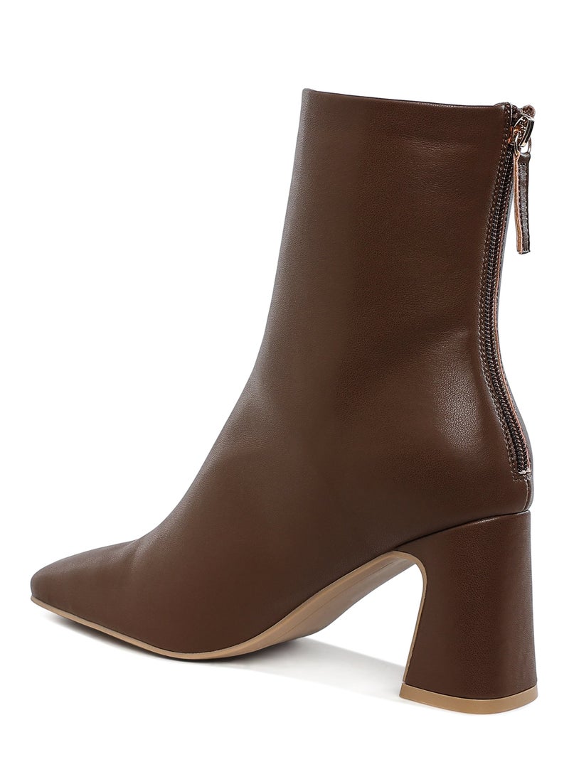 Faux Leather Square Toe Ankle Boots in Brown