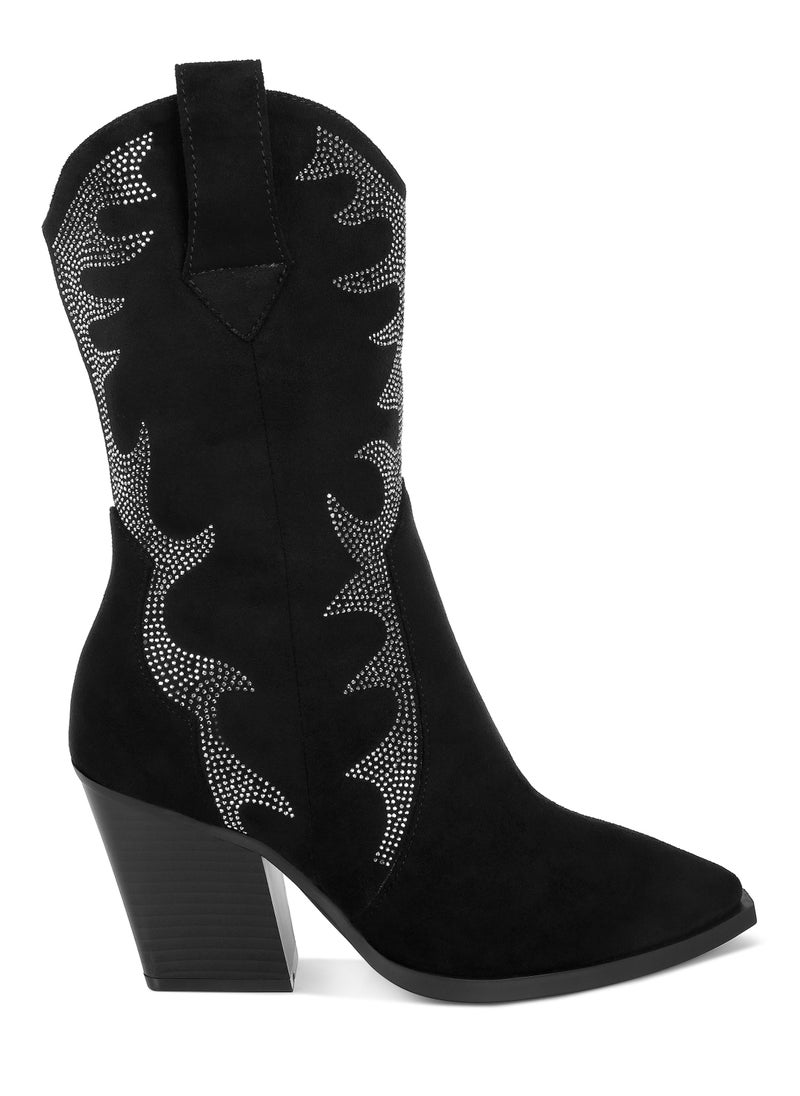 Rhinestones Embellished Calf Boots in Black