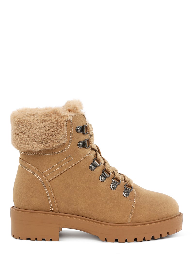 Faux Fur Collar Ankle Boots in  Beige