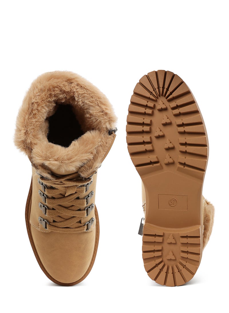 Faux Fur Collar Ankle Boots in  Beige