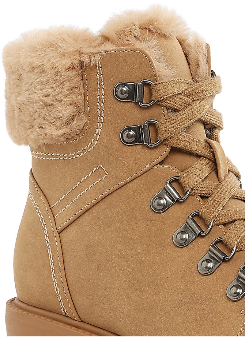 Faux Fur Collar Ankle Boots in  Beige