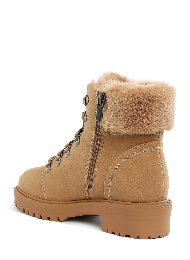 Faux Fur Collar Ankle Boots in  Beige
