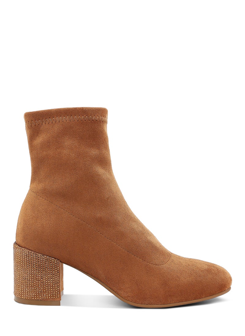 Rhinestones Embellished Block Heel Boots in Tan