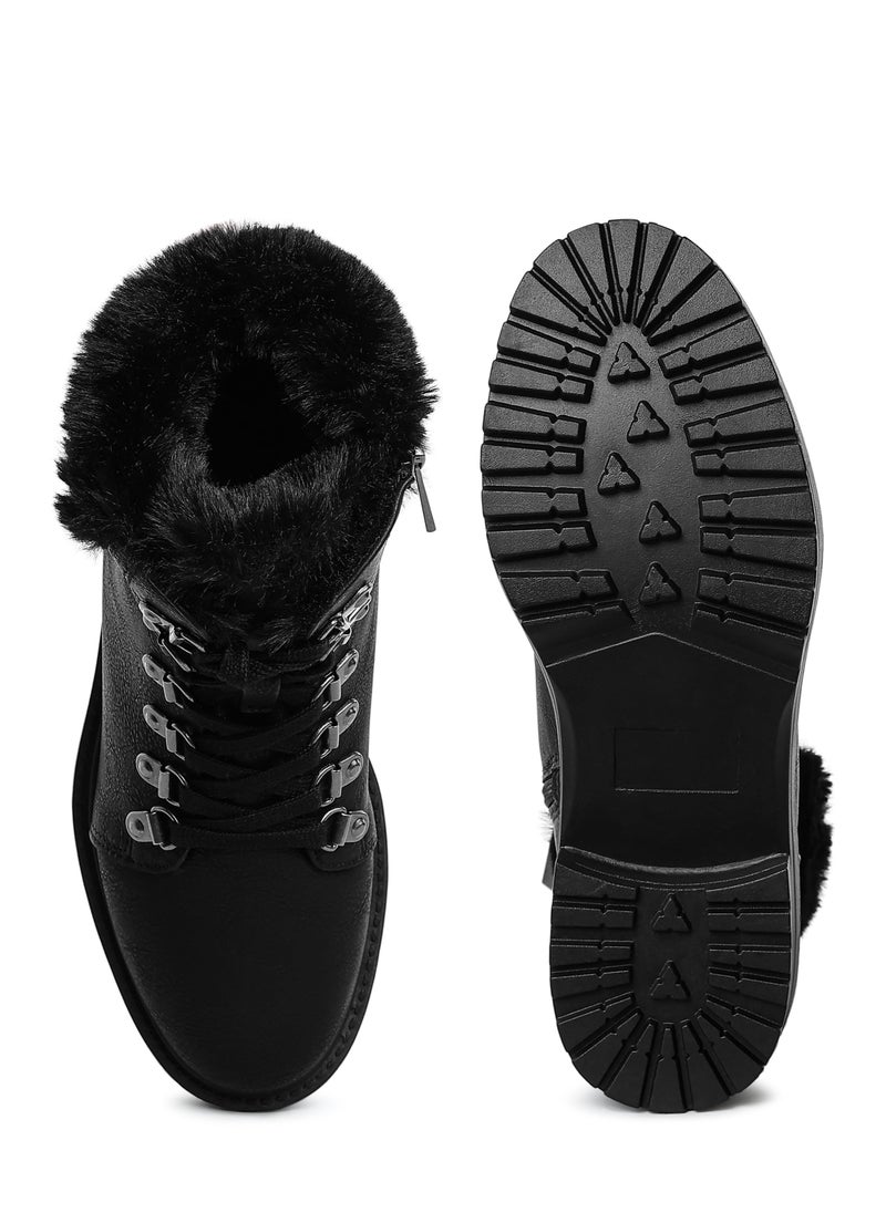 Faux Fur Collar Ankle Boots in Black