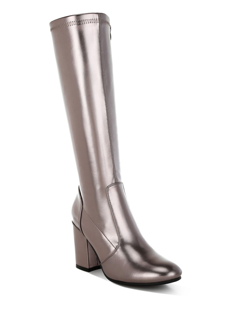 Metallic Pleather Long Boots in Pewter