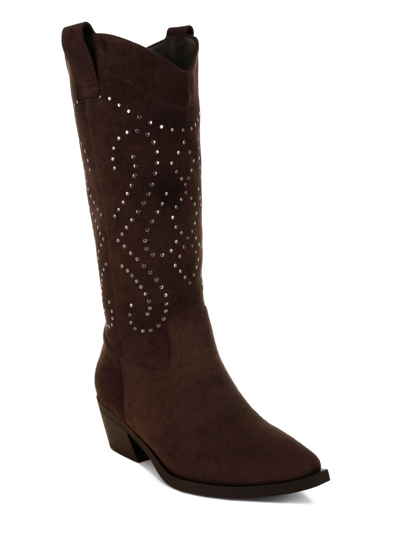 Studs Embellished Cowboy Boots in Brown
