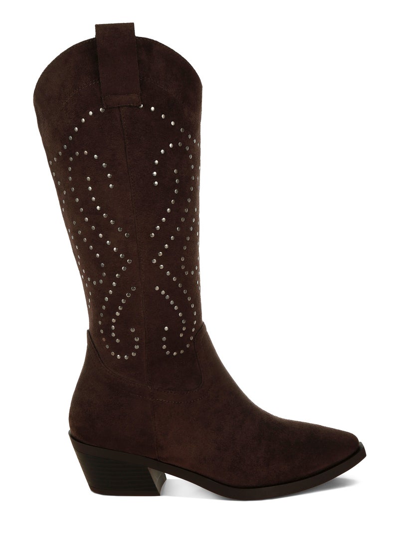 Studs Embellished Cowboy Boots in Brown