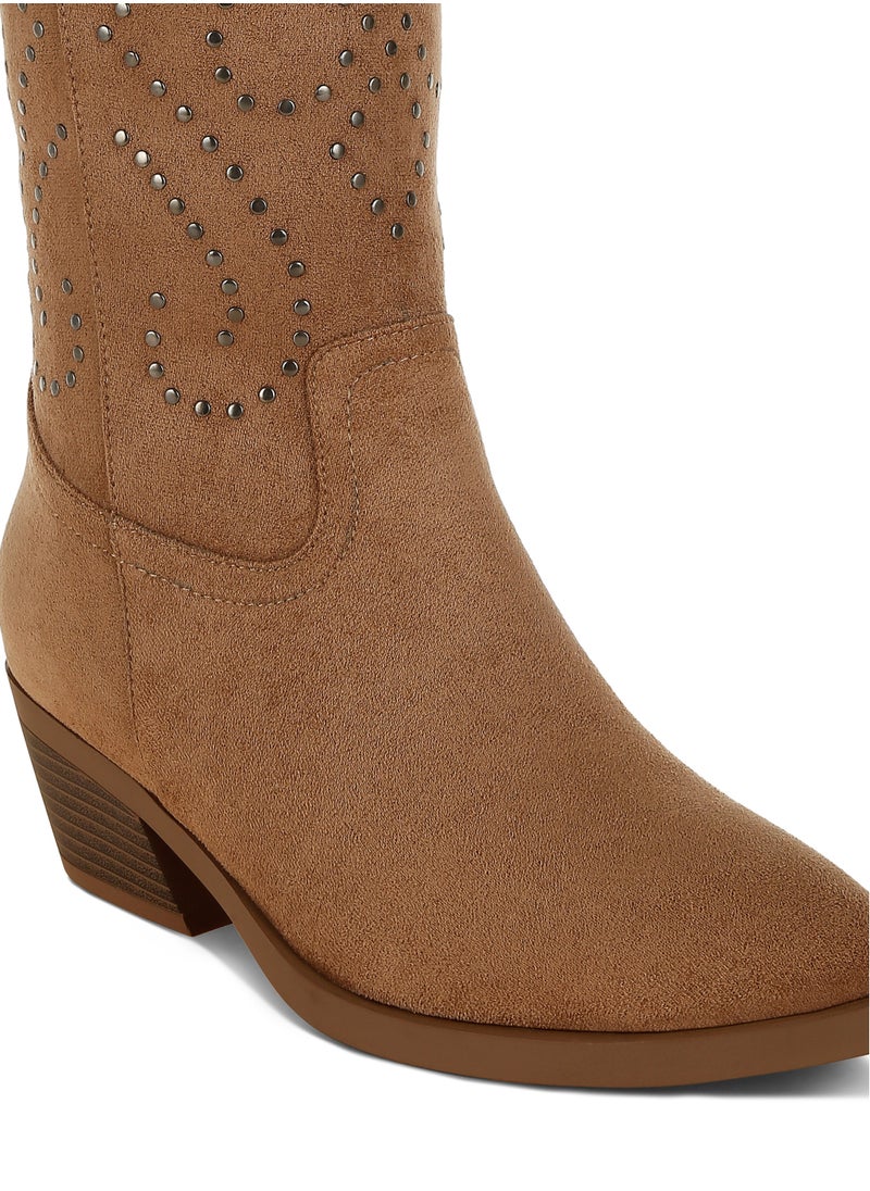 Studs Embellished Cowboy Boots in CAMEL