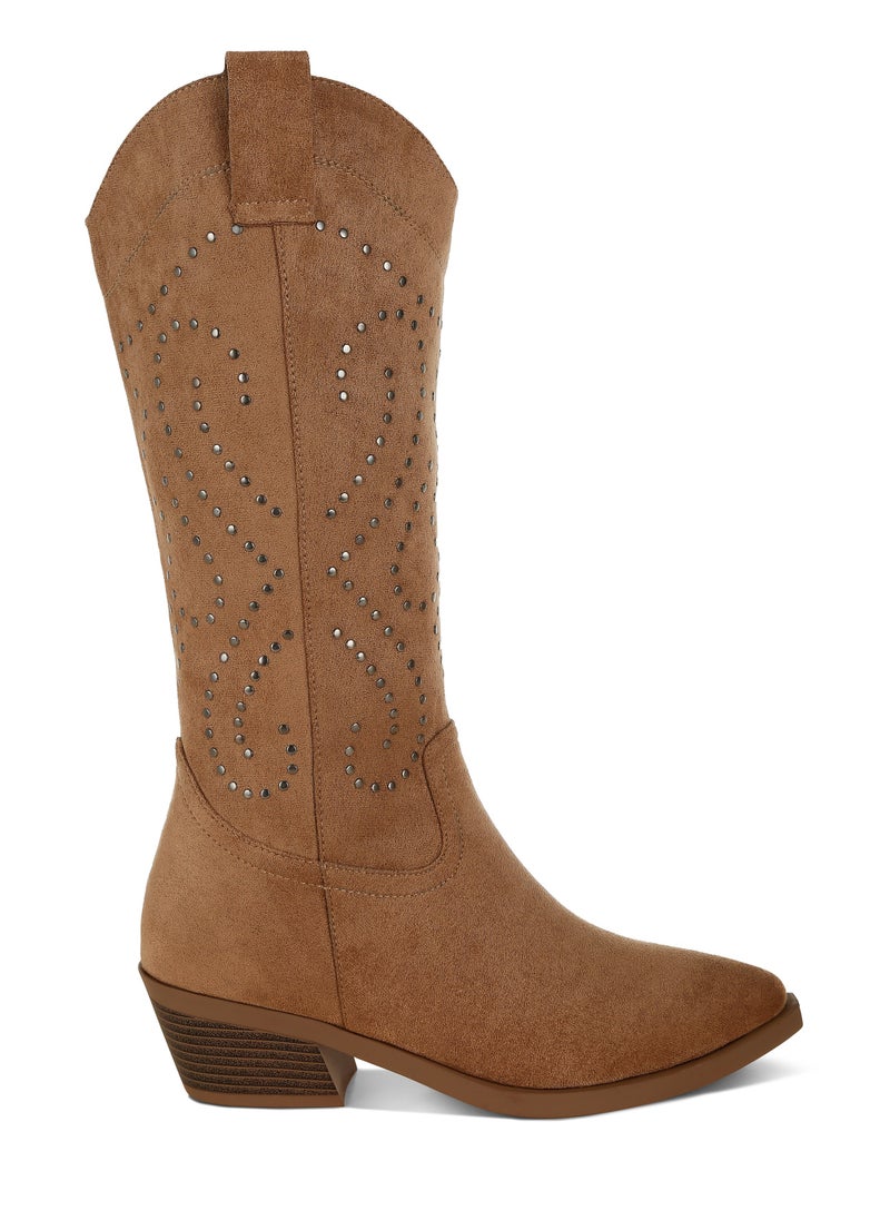 Studs Embellished Cowboy Boots in CAMEL