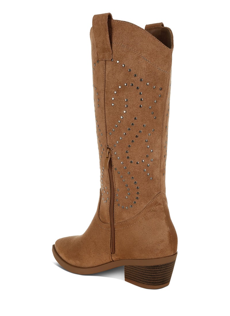 Studs Embellished Cowboy Boots in CAMEL