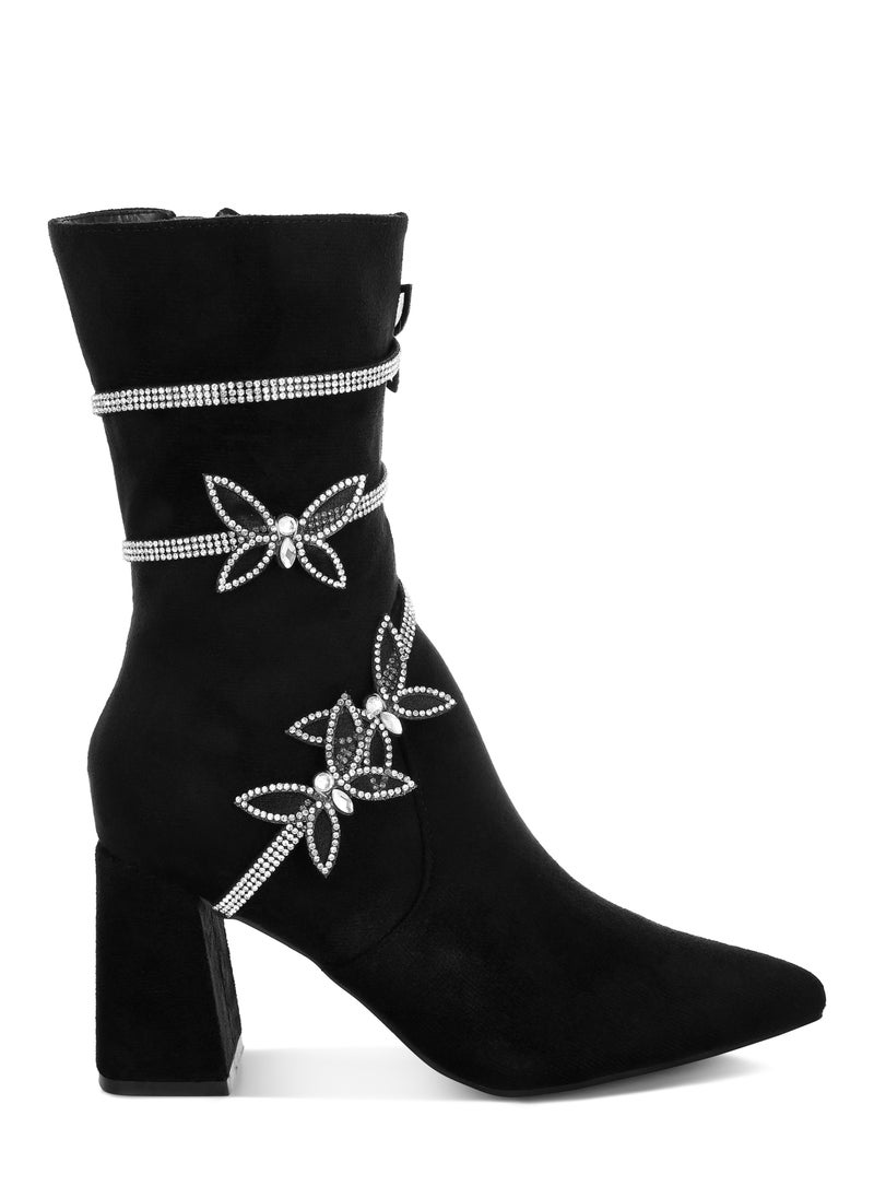 Rhinestone Brooch Wrap-Around Boots in Black