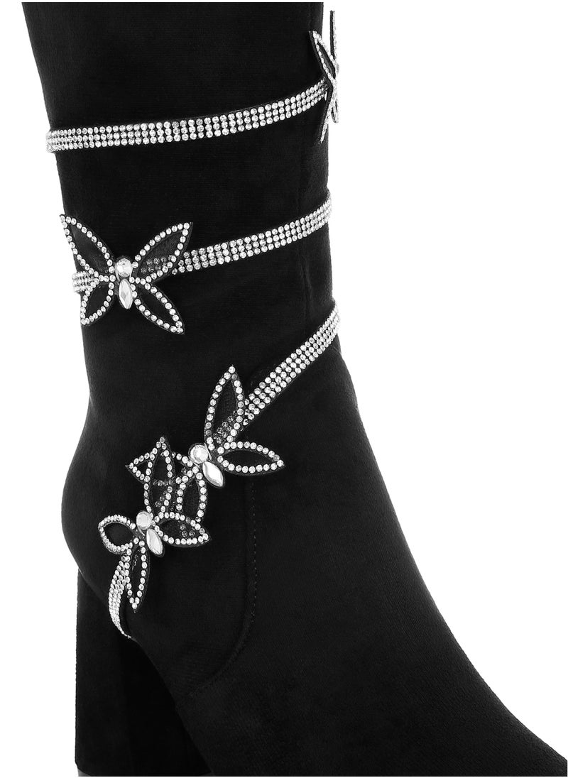 Rhinestone Brooch Wrap-Around Boots in Black