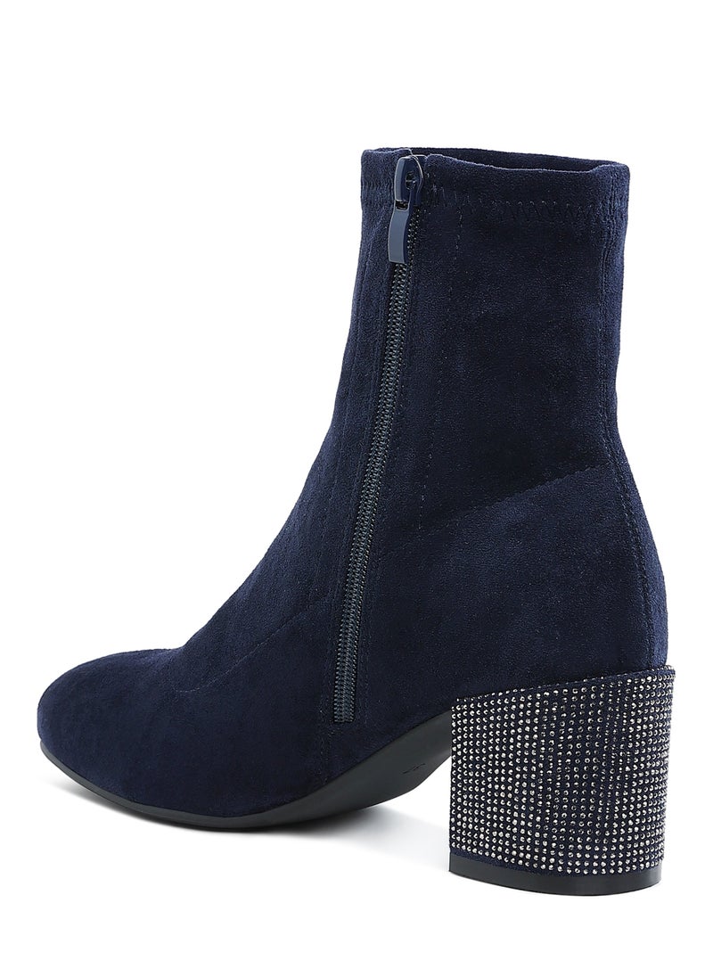 Rhinestones Embellished Block Heel Boots in Navy