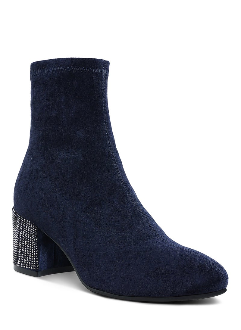 Rhinestones Embellished Block Heel Boots in Navy