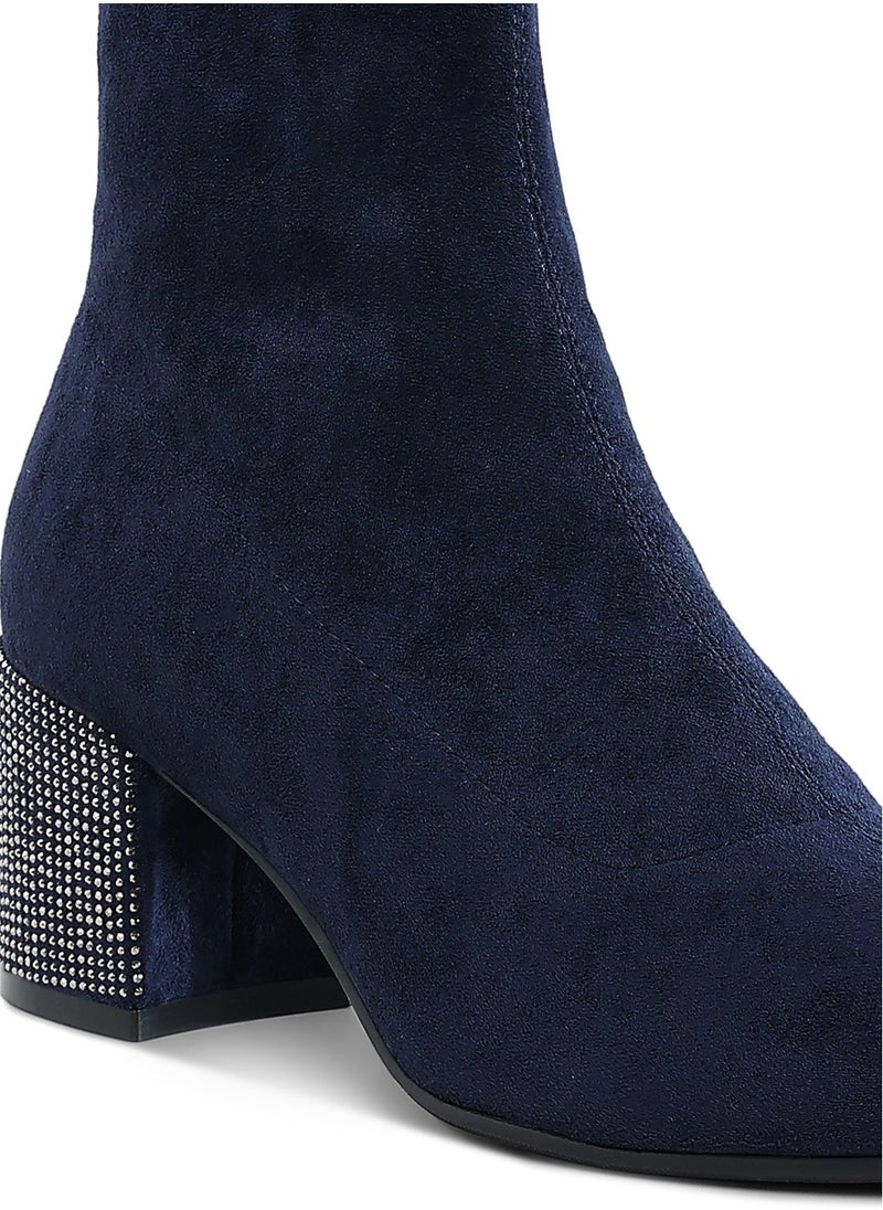 Rhinestones Embellished Block Heel Boots in Navy