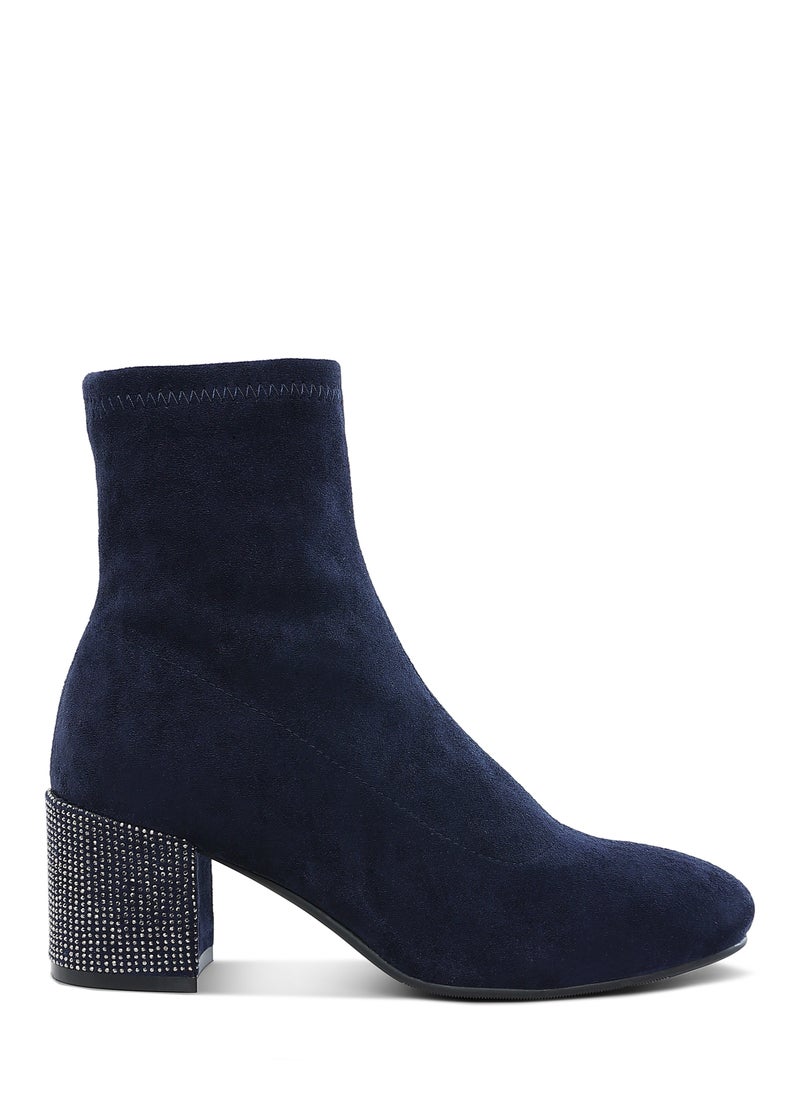 Rhinestones Embellished Block Heel Boots in Navy