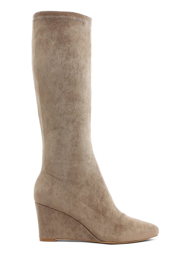 Microfiber Wedge Heel Boots in Taupe