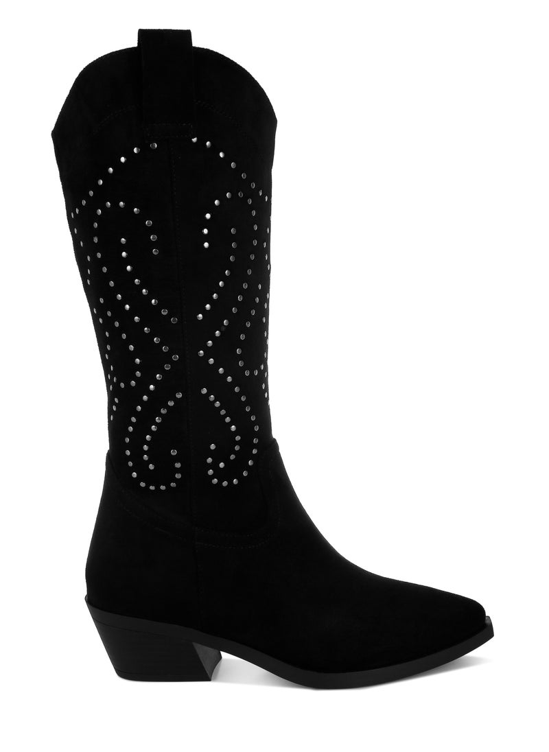 Studs Embellished Cowboy Boots in Black