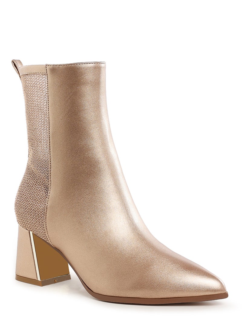 Mesh Detail Pointy Ankle Boot in Gold