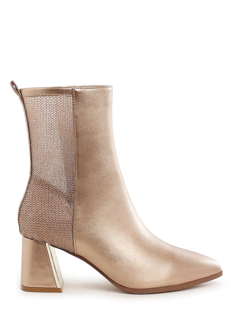 Mesh Detail Pointy Ankle Boot in Gold