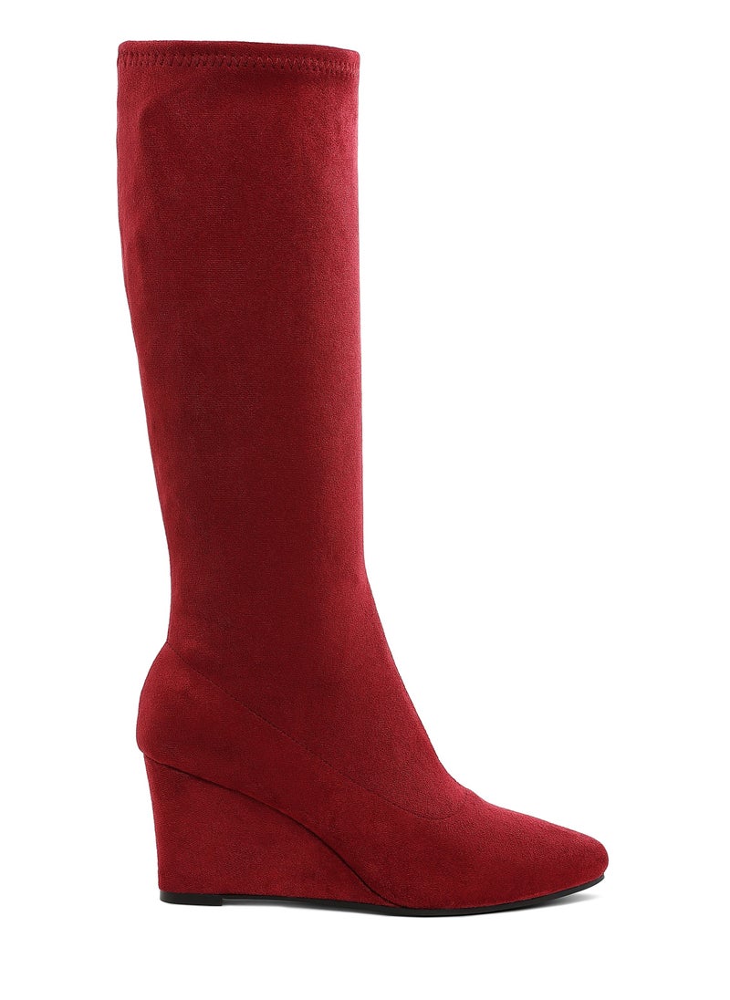 Microfiber Wedge Heel Boots in Dark Red