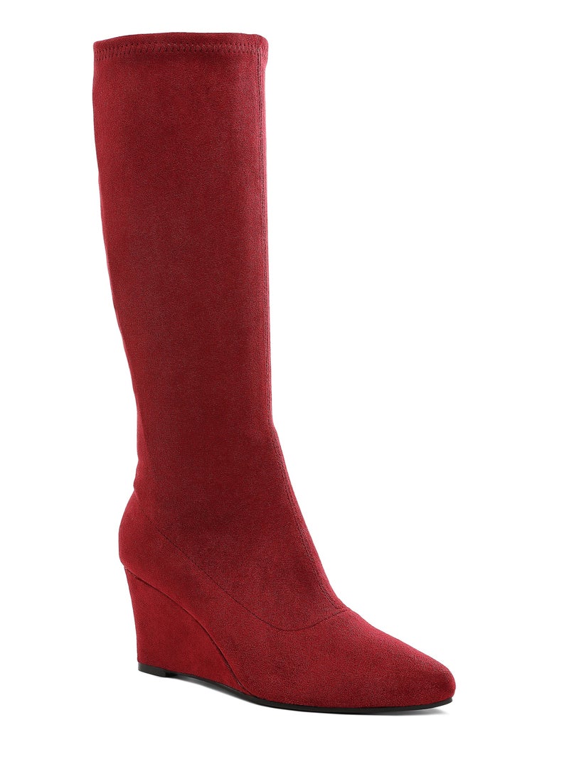 Microfiber Wedge Heel Boots in Dark Red