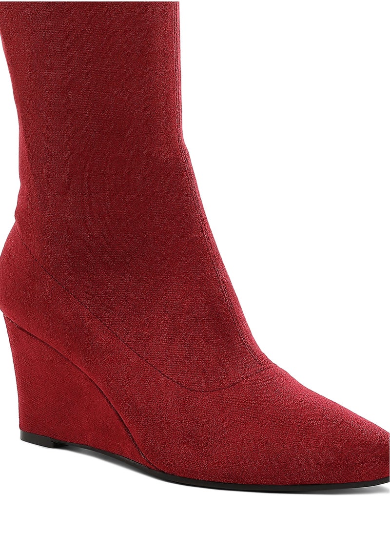 Microfiber Wedge Heel Boots in Dark Red